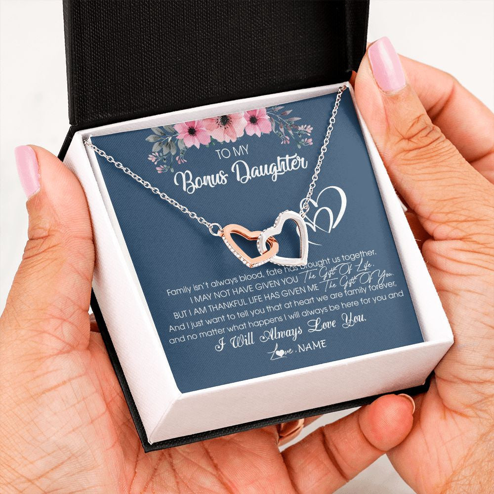 Interlocking Hearts Necklace | Personalized To My Bonus Daughter Necklace From Stepmother Stepfather I Will Always Love You Stepdaughter Jewelry Birthday Christmas Customized Message Card | teecentury
