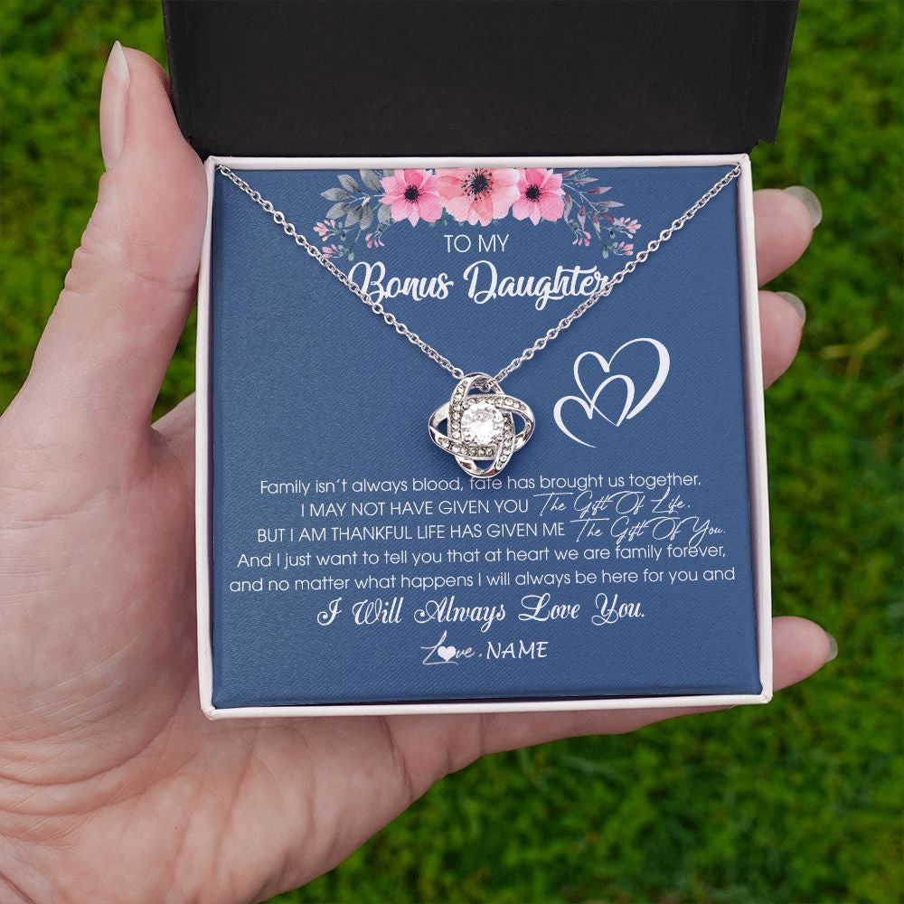 Love Knot Necklace | Personalized To My Bonus Daughter Necklace From Stepmother Stepfather I Will Always Love You Stepdaughter Jewelry Birthday Christmas Customized Message Card | teecentury