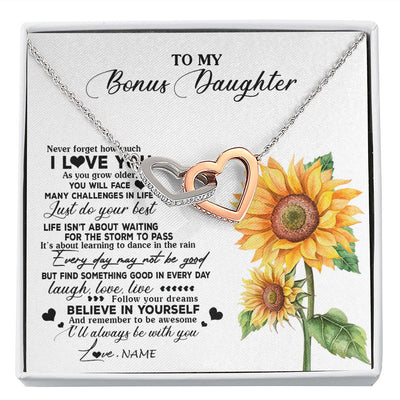 Interlocking Hearts Necklace | Personalized To My Bonus Daughter Necklace From Stepmother Sunflower Wood Laugh Love Live Stepdaughter Birthday Christmas Customized Gift Box Message Card | teecentury