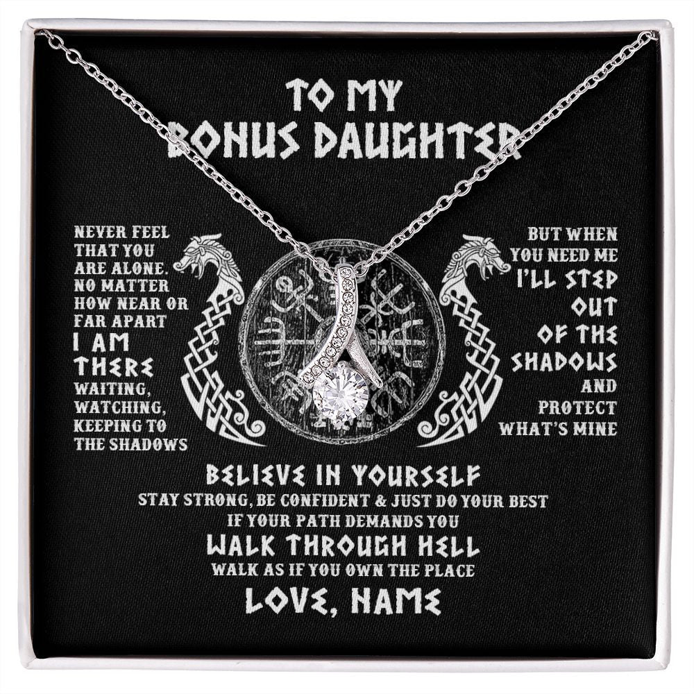 Alluring Beauty Necklace | Personalized To My Bonus Daughter Necklace Viking Never Feel You Are Alone Odin Scandinavian Norse Runes Birthday Christmas Customized Gift Box Message Card | teecentury