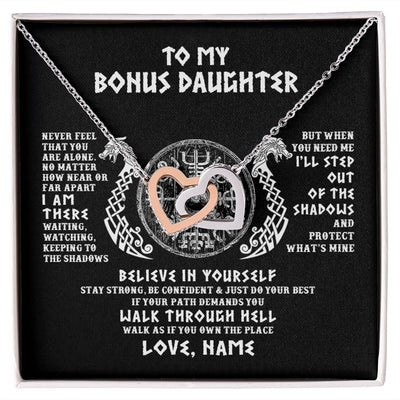 Interlocking Hearts Necklace | Personalized To My Bonus Daughter Necklace Viking Never Feel You Are Alone Odin Scandinavian Norse Runes Birthday Christmas Customized Gift Box Message Card | teecentury