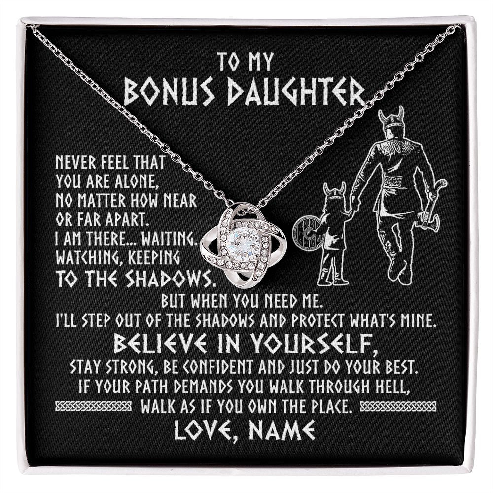 Love Knot Necklace | Personalized To My Bonus Daughter Necklace Viking Never Feel You Are Alone Scandinavian Runes Viking Stepdaughter Christmas Customized Gift Box Message Card | teecentury