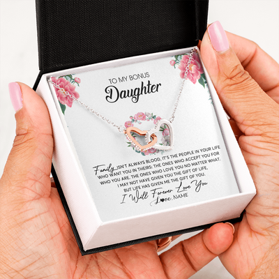 Interlocking Hearts Necklace | Personalized To My Bonus Daughter Necklace from Stepmom Family Isn't Always Blood Step Daughter Jewelry Birthday Christmas Customized Gift Box Message Card | teecentury