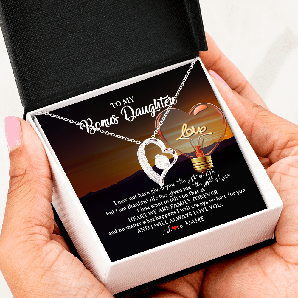 Forever Love Necklace | Personalized To My Bonus Daughter Necklace from Stepmom Stepdad I Will Always Love You Stepdaughter Jewelry Birthday Wedding Christmas Customized Message Card | teecentury