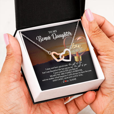 Interlocking Hearts Necklace | Personalized To My Bonus Daughter Necklace from Stepmom Stepdad I Will Always Love You Stepdaughter Jewelry Birthday Wedding Christmas Customized Message Card | teecentury