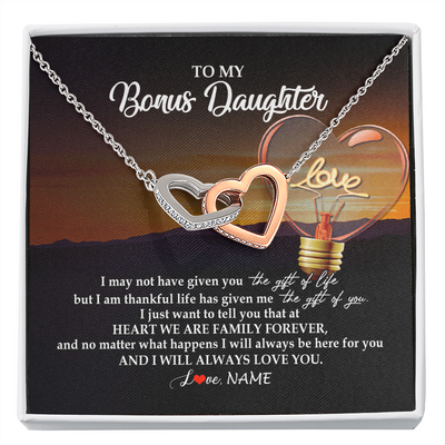 Interlocking Hearts Necklace | Personalized To My Bonus Daughter Necklace from Stepmom Stepdad I Will Always Love You Stepdaughter Jewelry Birthday Wedding Christmas Customized Message Card | teecentury