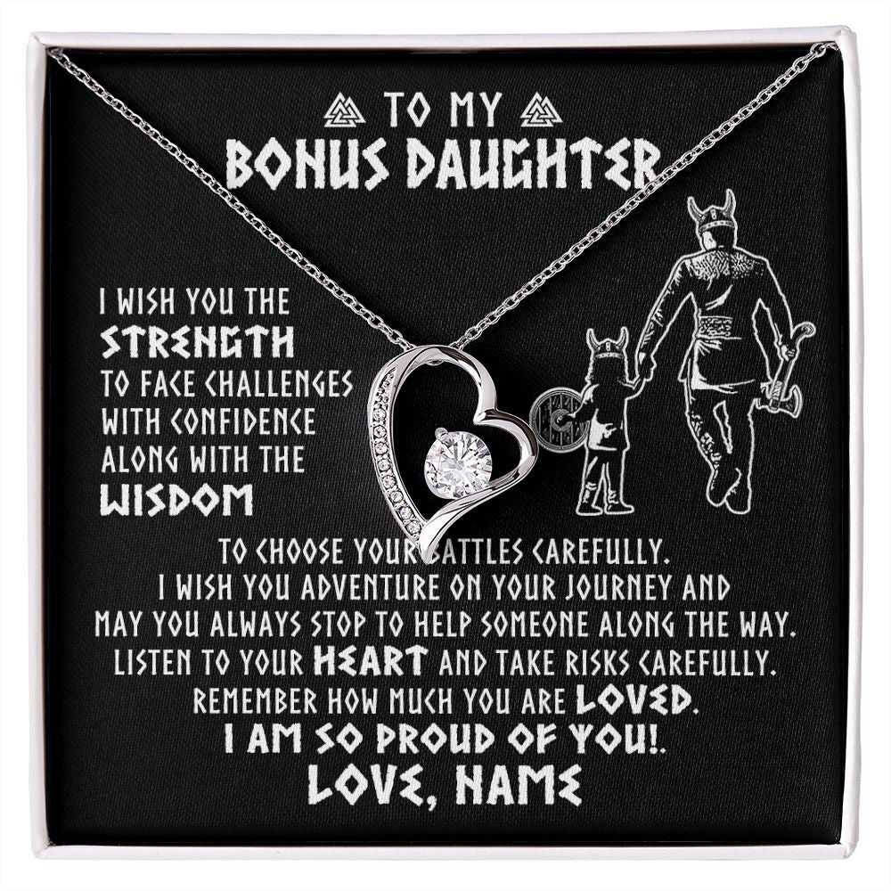 Forever Love Necklace | Personalized To My Bonus Daughter Viking Necklace From Stepdad I Am So Proud Of You Runes Viking Stepdaughter Christmas Customized Gift Box Message Card | teecentury