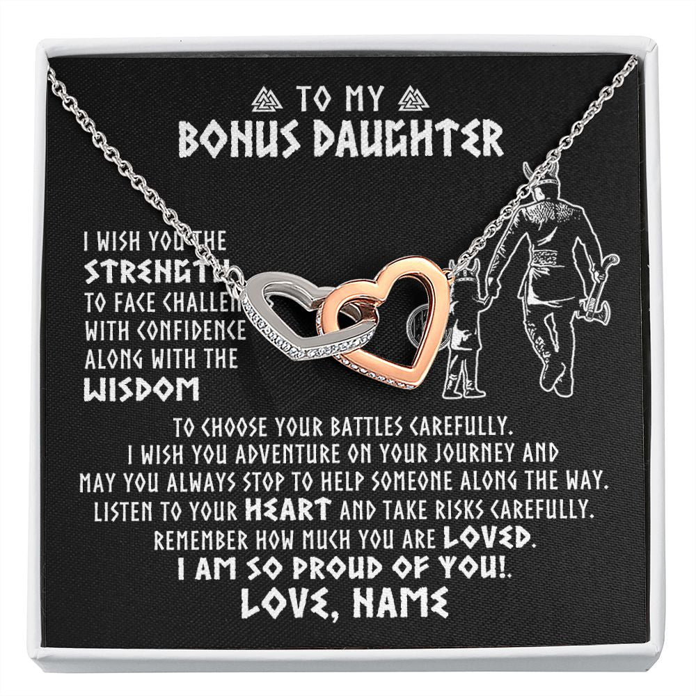Interlocking Hearts Necklace | Personalized To My Bonus Daughter Viking Necklace From Stepdad I Am So Proud Of You Runes Viking Stepdaughter Christmas Customized Gift Box Message Card | teecentury