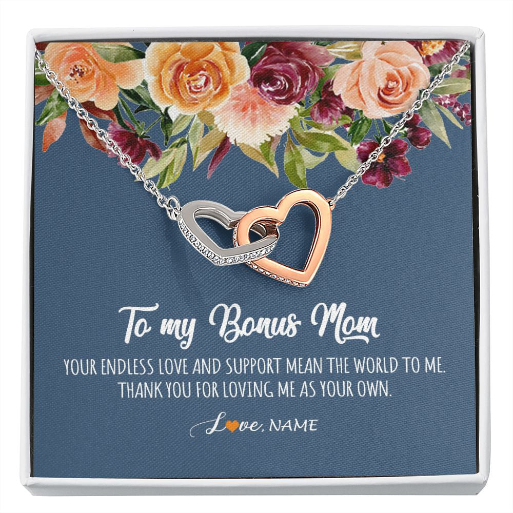 Interlocking Hearts Necklace | Personalized To My Bonus Mom Necklace Your Endless Love and Support Stepmother Stepmom Jewelry Birthday Mothers Day Christmas Customized Gift Box Message Card | teecentury