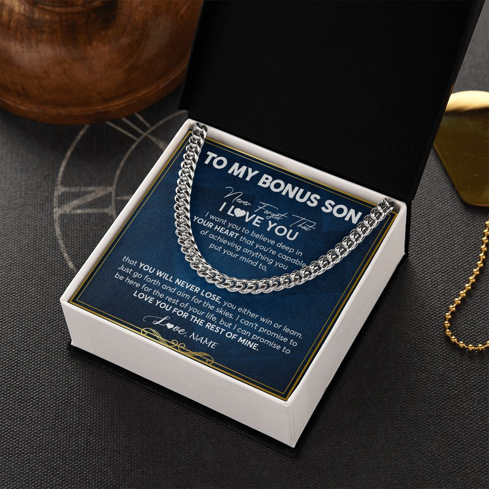 Cuban Link Chain Necklace | Personalized To My Bonus Son Cuban Necklace From Stepmom Stepdad Never Forget That I Love You Stepson Birthday Christmas Customized Gift Box Message Card | teecentury