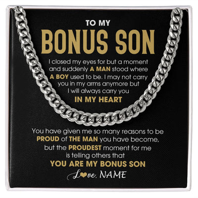 Cuban Link Chain Necklace | Personalized To My Bonus Son Cuban Necklace From Stepmom Stepdad Proud Of The Man Stepson Birthday Graduation Christmas Customized Gift Box Message Card | teecentury