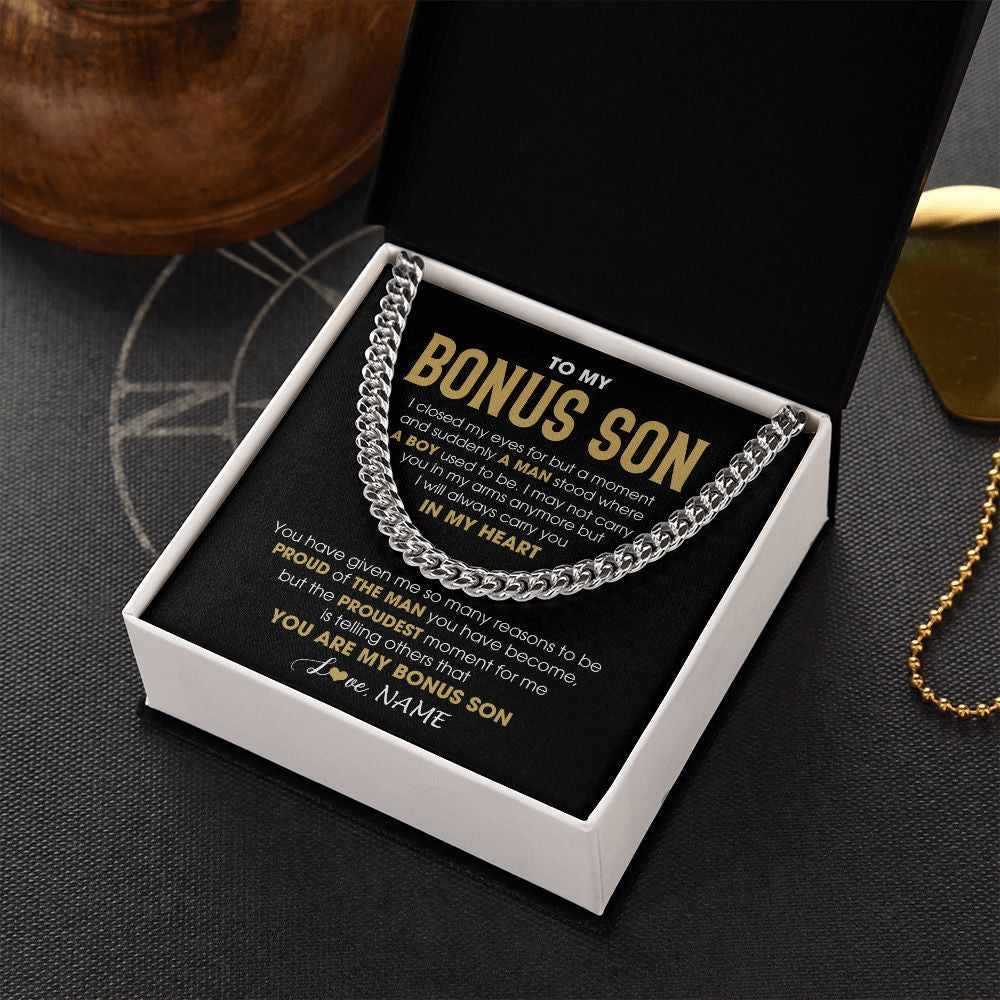 Cuban Link Chain Necklace | Personalized To My Bonus Son Cuban Necklace From Stepmom Stepdad Proud Of The Man Stepson Birthday Graduation Christmas Customized Gift Box Message Card | teecentury