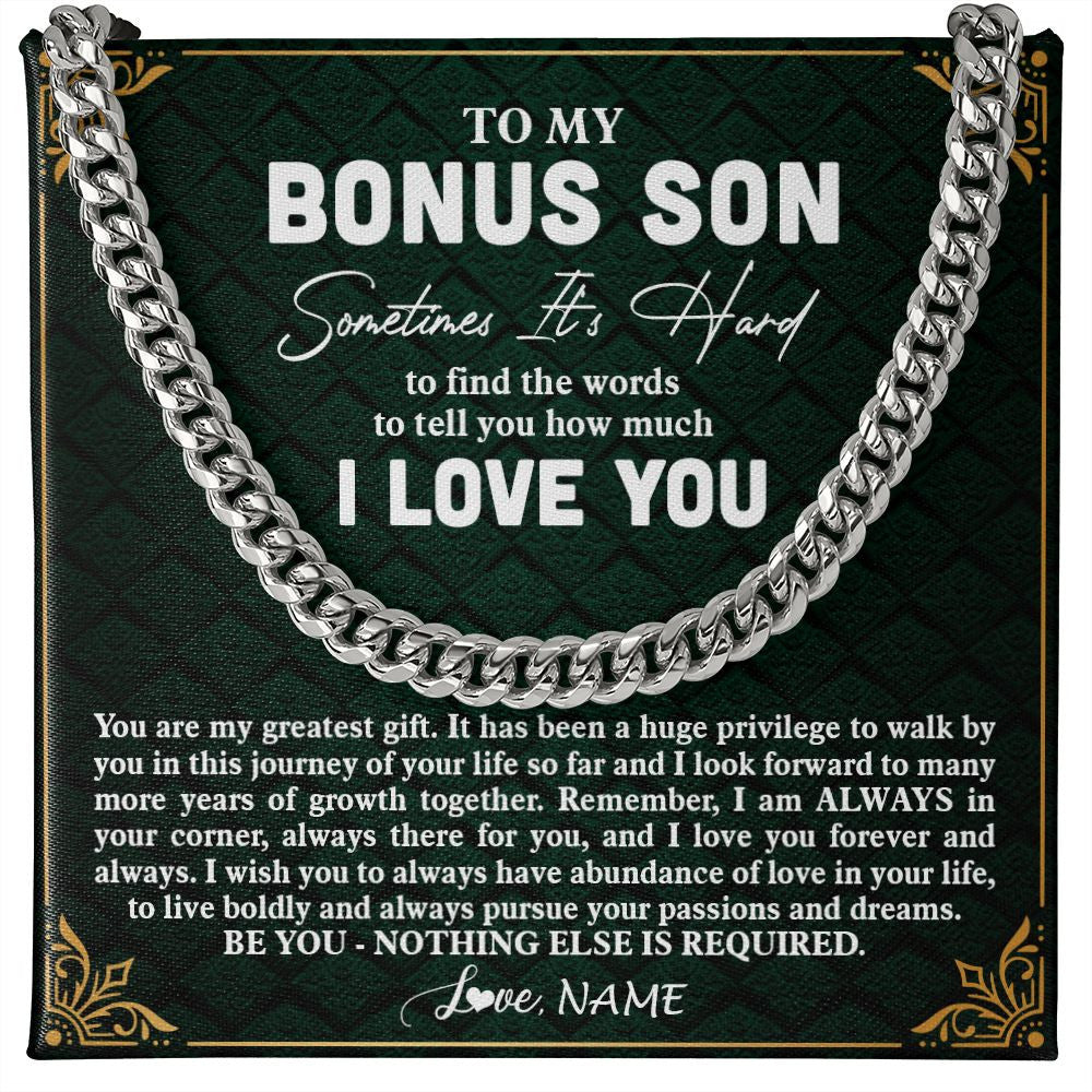 Cuban Link Chain Necklace | Personalized To My Bonus Son Necklace Cuban From Stepmom Stepdad You Are My Greatest Gift Stepson Birthday Christmas Customized Gift Box Message Card | teecentury