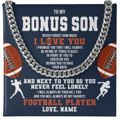 Cuban Link Chain Necklace | Personalized To My Bonus Son Necklace From Step Mom Stepdad Never Forget I Love You Football Stepson Birthday Christmas Customized Gift Box Message Card | teecentury