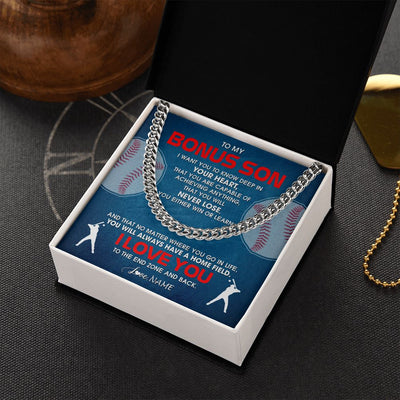 Cuban Link Chain Necklace | Personalized To My Bonus Son Necklace From Step Mom Stepdad Never Lose Baseball Step Son Birthday Graduation Christmas Customized Gift Box Message Card | teecentury