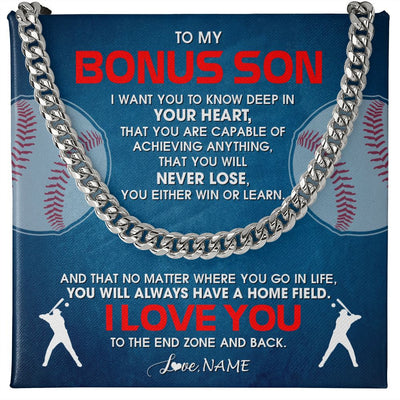 Cuban Link Chain Necklace | Personalized To My Bonus Son Necklace From Step Mom Stepdad Never Lose Baseball Step Son Birthday Graduation Christmas Customized Gift Box Message Card | teecentury