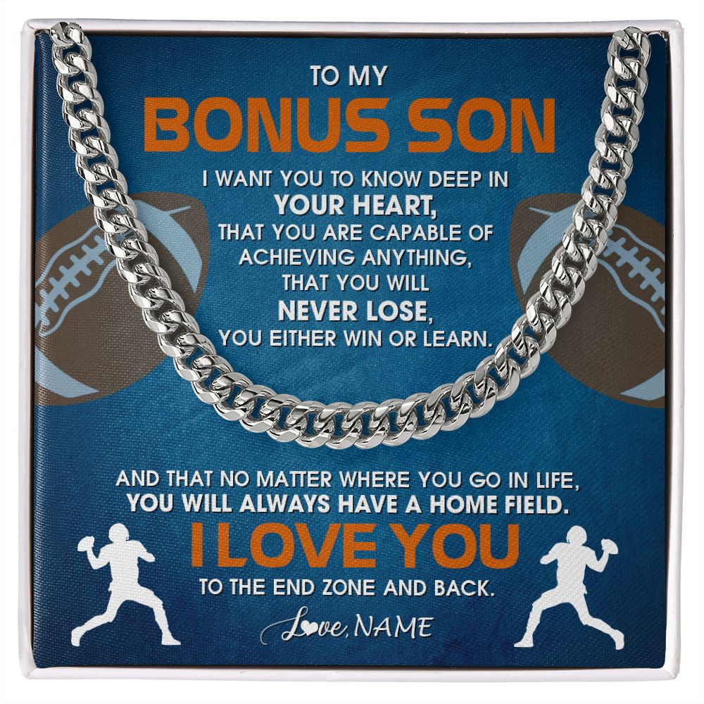 Cuban Link Chain Necklace | Personalized To My Bonus Son Necklace From Step Mom Stepdad Never Lose Football Step Son Birthday Graduation Christmas Customized Gift Box Message Card | teecentury