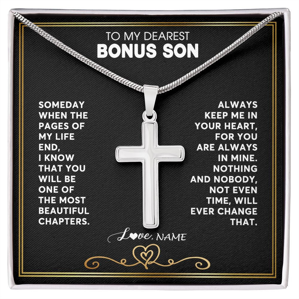 Stainless Cross Necklace | Personalized To My Bonus Son Necklace From Step Mother When The Pages Of My Life End Stepson Birthday Christmas Customized Gift Box Message Card | teecentury