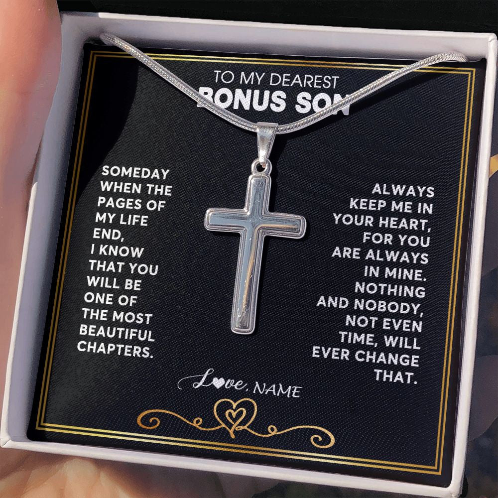Stainless Cross Necklace | Personalized To My Bonus Son Necklace From Step Mother When The Pages Of My Life End Stepson Birthday Christmas Customized Gift Box Message Card | teecentury