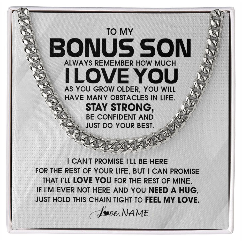Cuban Link Chain Necklace | Personalized To My Bonus Son Necklace From Stepmom Stepdad Always Remember I Love You Stepson Birthday Christmas Customized Gift Box Message Card | teecentury