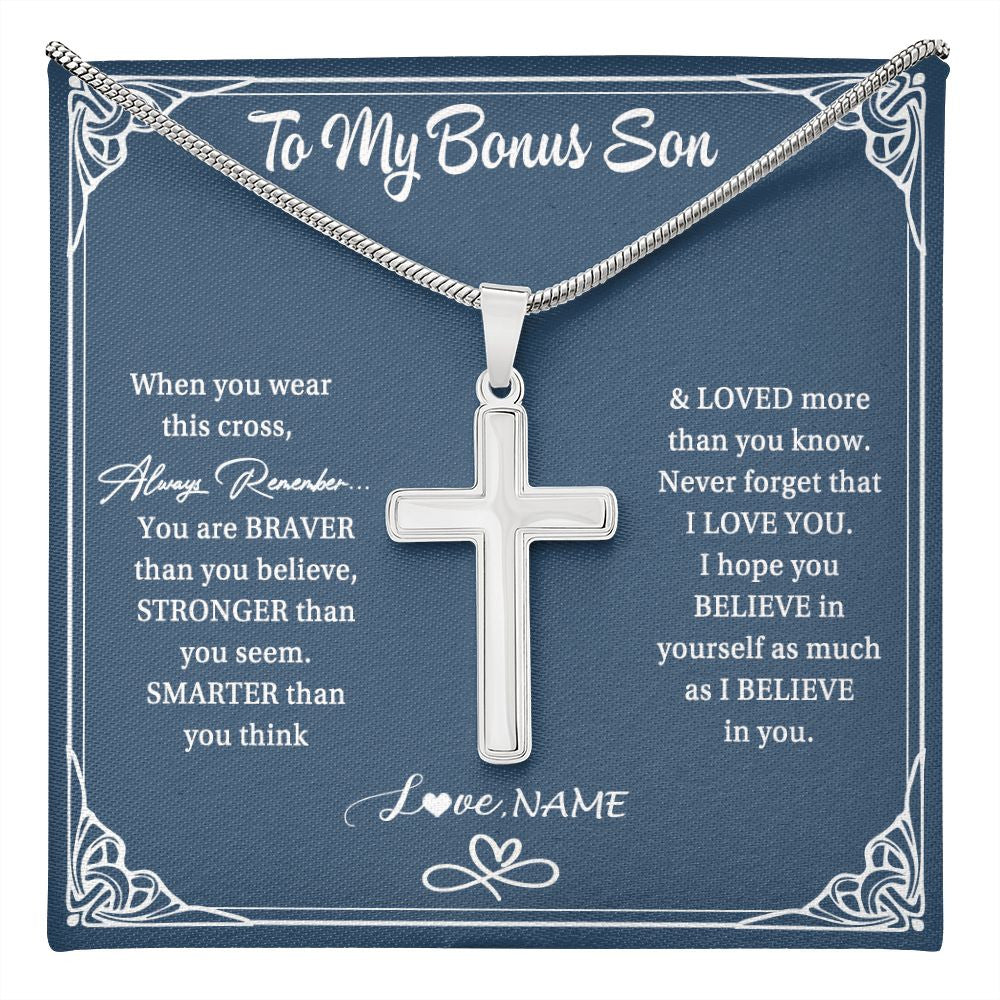 Stainless Cross Necklace | Personalized To My Bonus Son Necklace From Stepmom Stepdad When Your Wear This Always Remember Stepson Birthday Christmas Customized Gift Box Message Card | teecentury