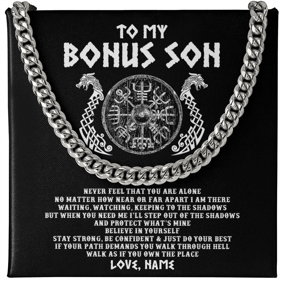 Cuban Link Chain Necklace | Personalized To My Bonus Son Necklace Viking Never Feel You Are Alone Odin Scandinavian Norse Runes Stepson Birthday Christmas Customized Gift Box Message Card | teecentury