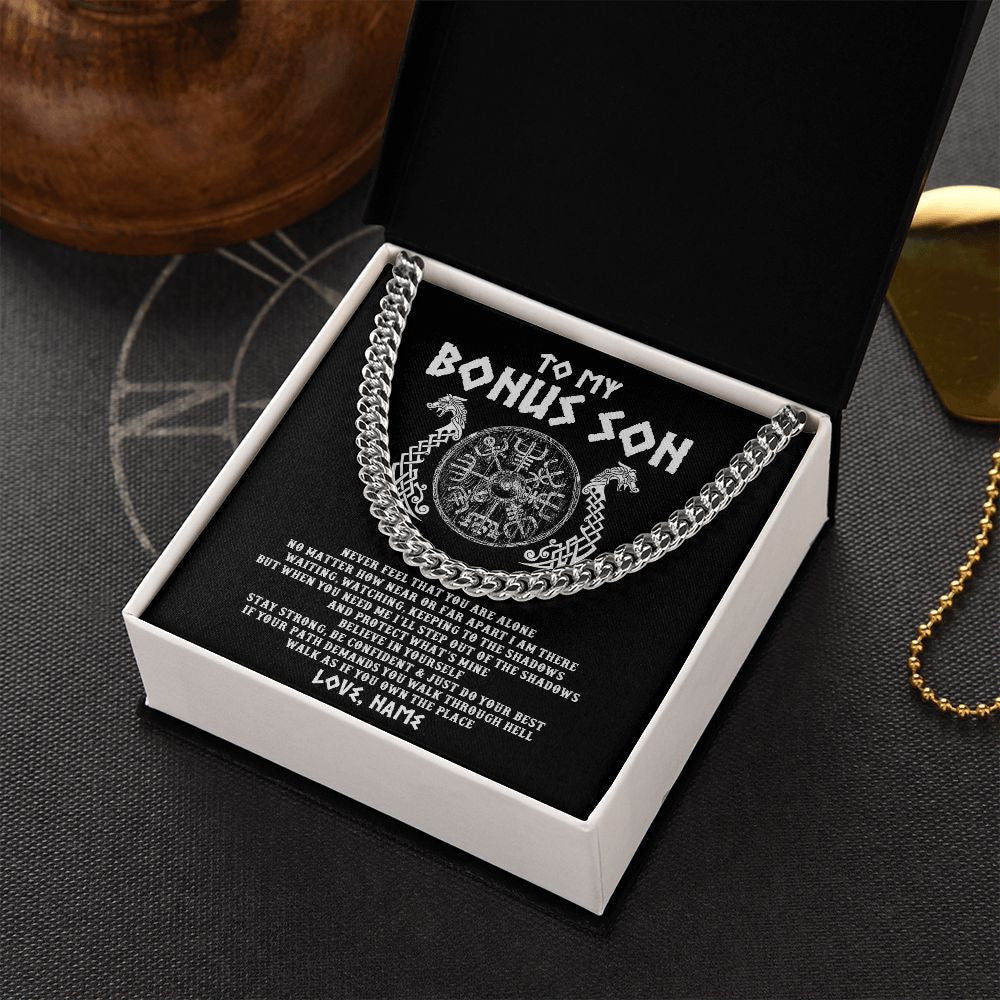 Cuban Link Chain Necklace | Personalized To My Bonus Son Necklace Viking Never Feel You Are Alone Odin Scandinavian Norse Runes Stepson Birthday Christmas Customized Gift Box Message Card | teecentury