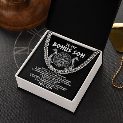 Cuban Link Chain Necklace | Personalized To My Bonus Son Necklace Viking Never Feel You Are Alone Odin Scandinavian Norse Runes Stepson Birthday Christmas Customized Gift Box Message Card | teecentury