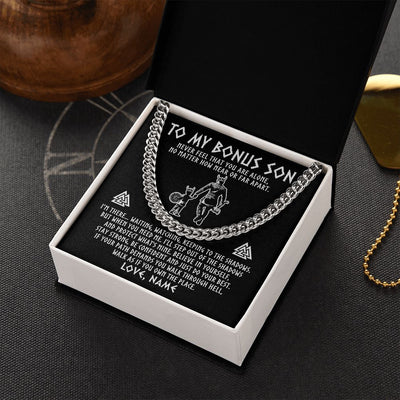 Cuban Link Chain Necklace | Personalized To My Bonus Son Necklace Viking Never Feel You Are Alone Scandinavian Runes Viking Stepson Birthday Christmas Customized Gift Box Message Card | teecentury