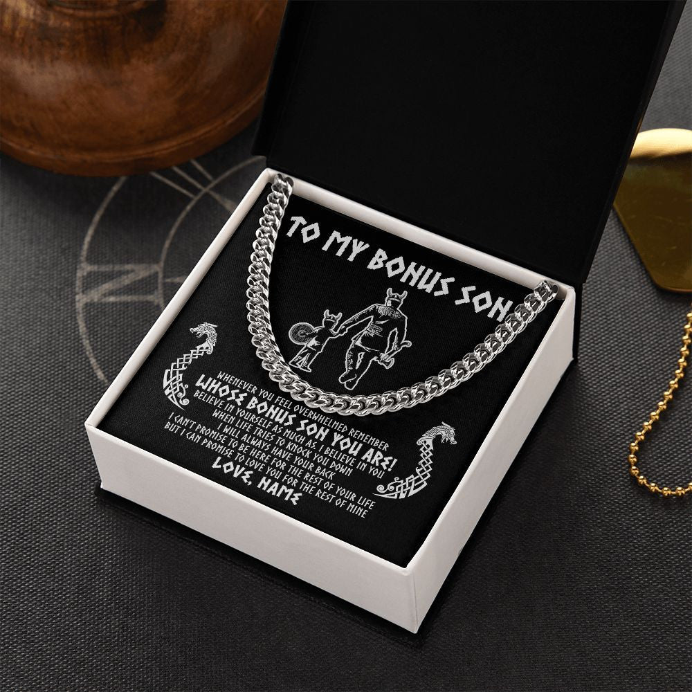 Cuban Link Chain Necklace | Personalized To My Bonus Son Viking Necklace From Step Dad Whenever You Feel Overwhelmed Stepson Birthday Christmas Customized Gift Box Message Card | teecentury