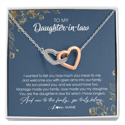 Interlocking Hearts Necklace | Personalized To My Daughter In Law Necklace Welcome Into Our Family Daughter In Law Her Wedding Day Jewelry Birthday Christmas Customized Gift Box Message Card | teecentury
