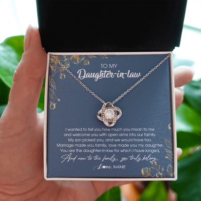 Love Knot Necklace | Personalized To My Daughter In Law Necklace Welcome Into Our Family Daughter In Law Her Wedding Day Jewelry Birthday Christmas Customized Gift Box Message Card | teecentury