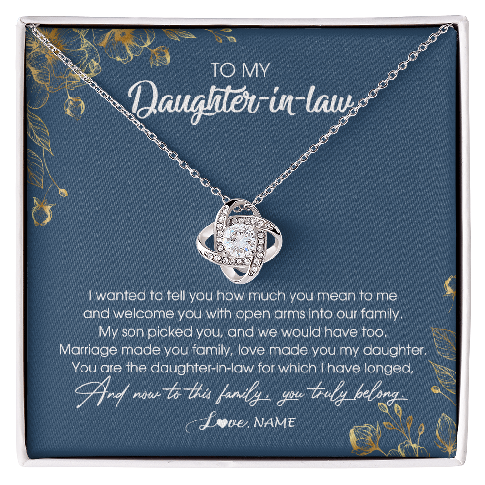 Love Knot Necklace | Personalized To My Daughter In Law Necklace Welcome Into Our Family Daughter In Law Her Wedding Day Jewelry Birthday Christmas Customized Gift Box Message Card | teecentury