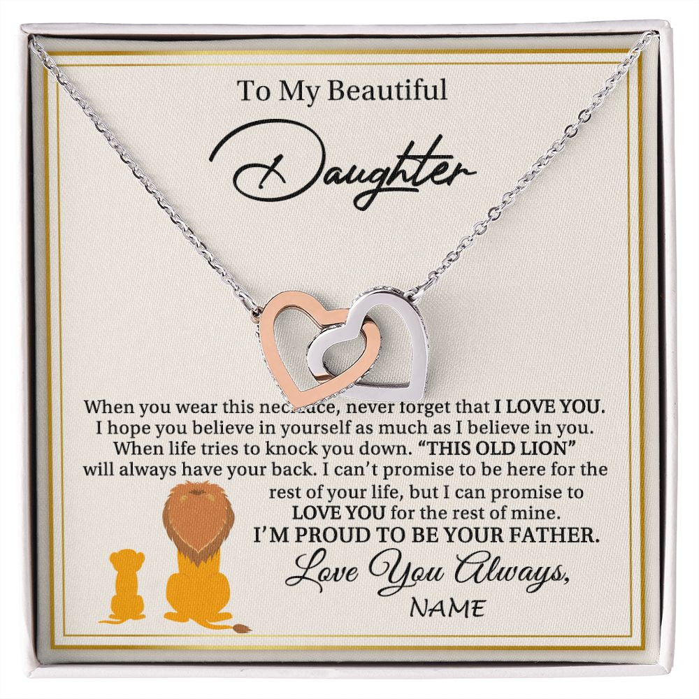 Interlocking Hearts Necklace | Personalized To My Daughter Necklace From Dad Father I'M Proud To Be Your Father Lion Daughter Birthday Graduation Christmas Customized Gift Box Message Card | teecentury