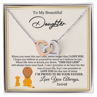 Interlocking Hearts Necklace | Personalized To My Daughter Necklace From Dad Father I'M Proud To Be Your Father Lion Daughter Birthday Graduation Christmas Customized Gift Box Message Card | teecentury