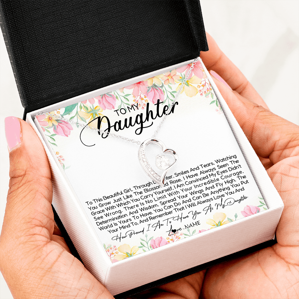 Forever Love Necklace | Personalized To My Daughter Necklace From Dad Mom Mother To This Beautiful Girl Daughter Jewelry Birthday Graduation Christmas Customized Gift Box Message Card | teecentury
