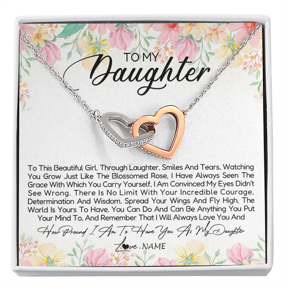 Interlocking Hearts Necklace | Personalized To My Daughter Necklace From Dad Mom Mother To This Beautiful Girl Daughter Jewelry Birthday Graduation Christmas Customized Gift Box Message Card | teecentury