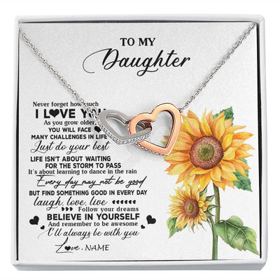 Interlocking Hearts Necklace | Personalized To My Daughter Necklace From Mom Mother Sunflower Wood Laugh Love Live Daughter Birthday Graduation Christmas Customized Gift Box Message Card | teecentury