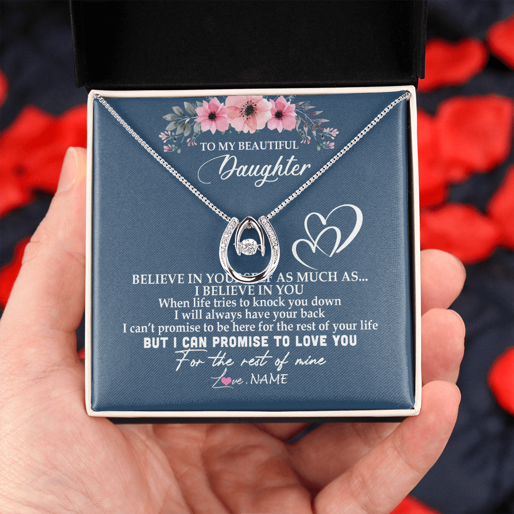 Lucky In Love Necklace | Personalized To My Daughter Necklace from Mom Dad Mother Believe In Yourself Daughter Birthday Graduation Christmas Customized Message Card | teecentury