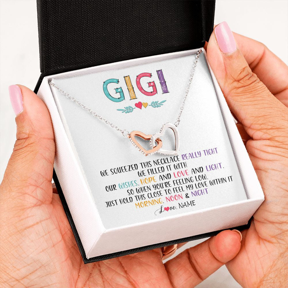 Interlocking Hearts Necklace | Personalized To My Gigi Necklace From Grandkids Granddaughter We Squeezed This Necklace Gigi Birthday Mothers Day Christmas Customized Gift Box Message Card | teecentury
