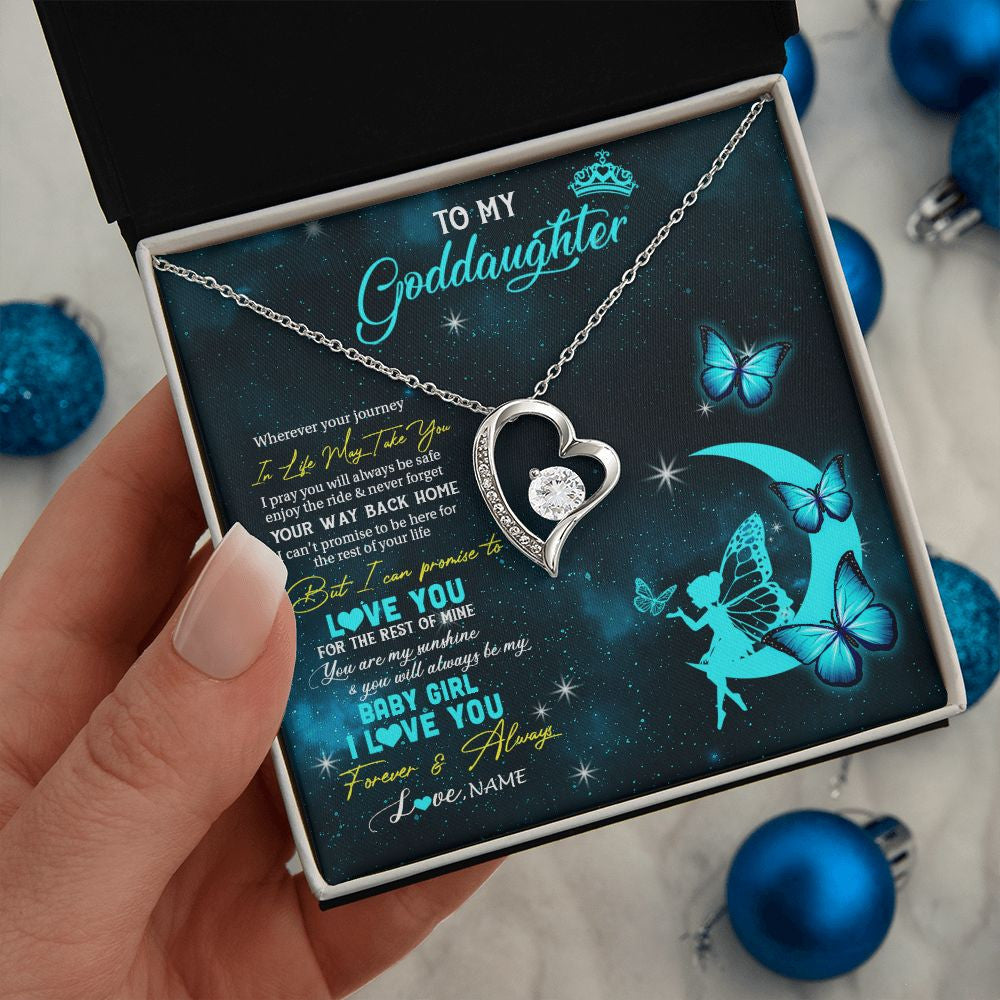 Forever Love Necklace | Personalized To My Goddaughter Necklace From Godmother Uncle Fairy Silhouette Fantasy Moon Goddaughter Birthday Christmas Customized Gift Box Message Card | teecentury
