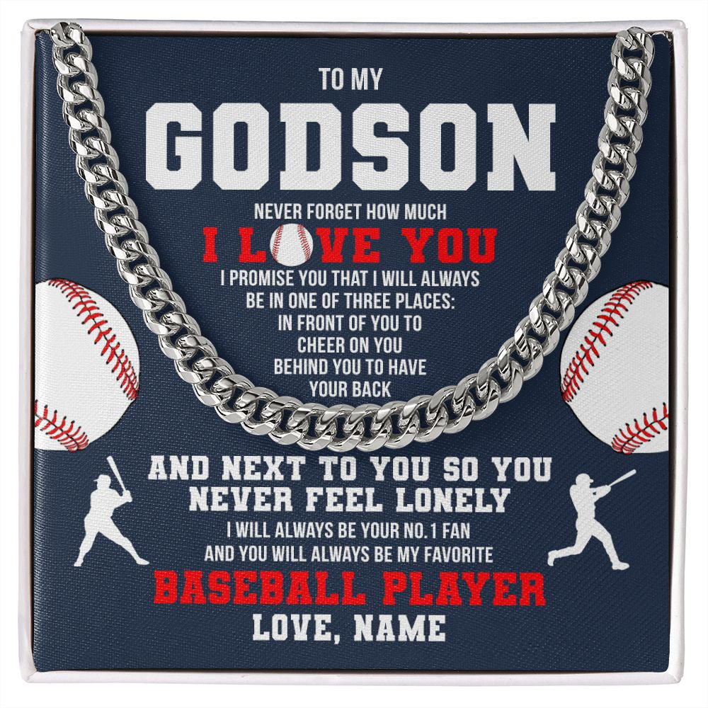 Cuban Link Chain Necklace | Personalized To My Godson Necklace From Godmother Uncle Aunt Never Forget I Love You Baseball Godchild Birthday Christmas Customized Gift Box Message Card | teecentury