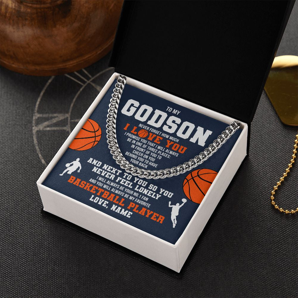 Cuban Link Chain Necklace | Personalized To My Godson Necklace From Godmother Uncle Aunt Never Forget I Love You Basketball Godchild Birthday Christmas Customized Gift Box Message Card | teecentury