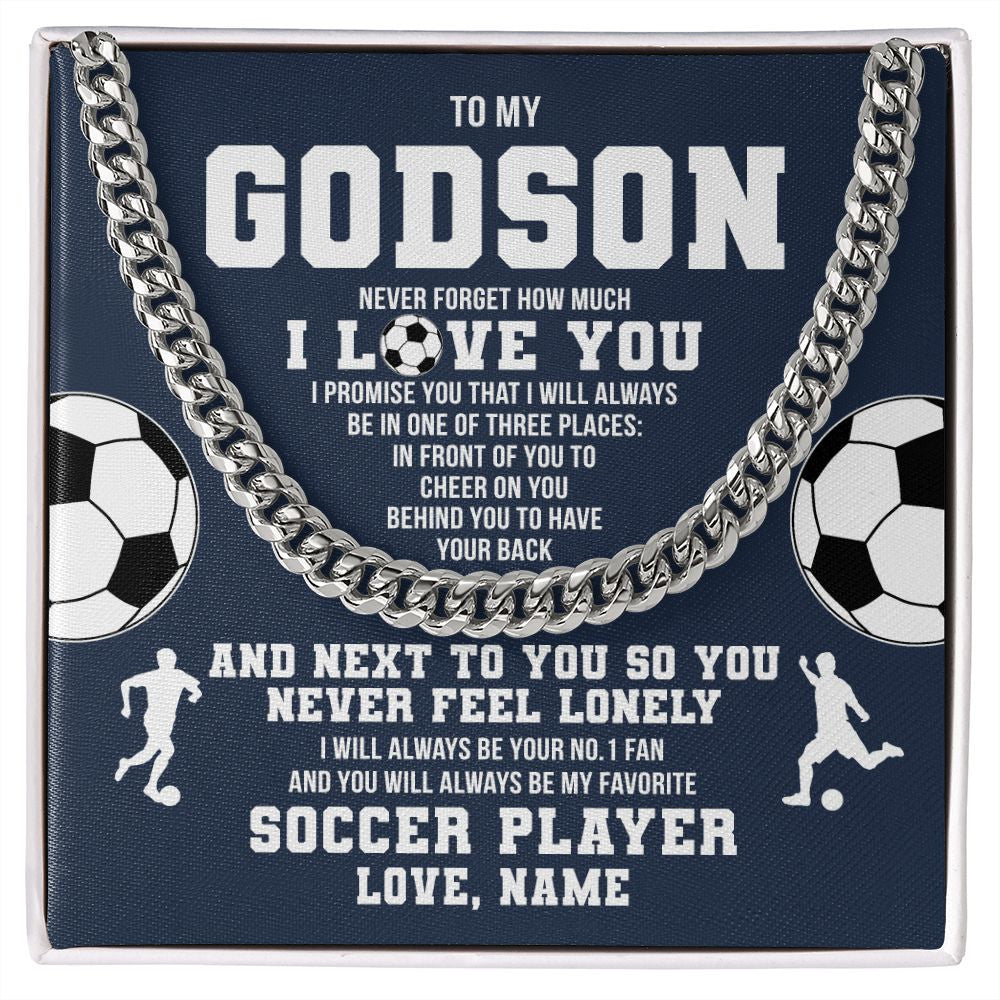 Cuban Link Chain Necklace | Personalized To My Godson Necklace From Godmother Uncle Aunt Never Forget I Love You Soccer Godchild Birthday Christmas Customized Gift Box Message Card | teecentury