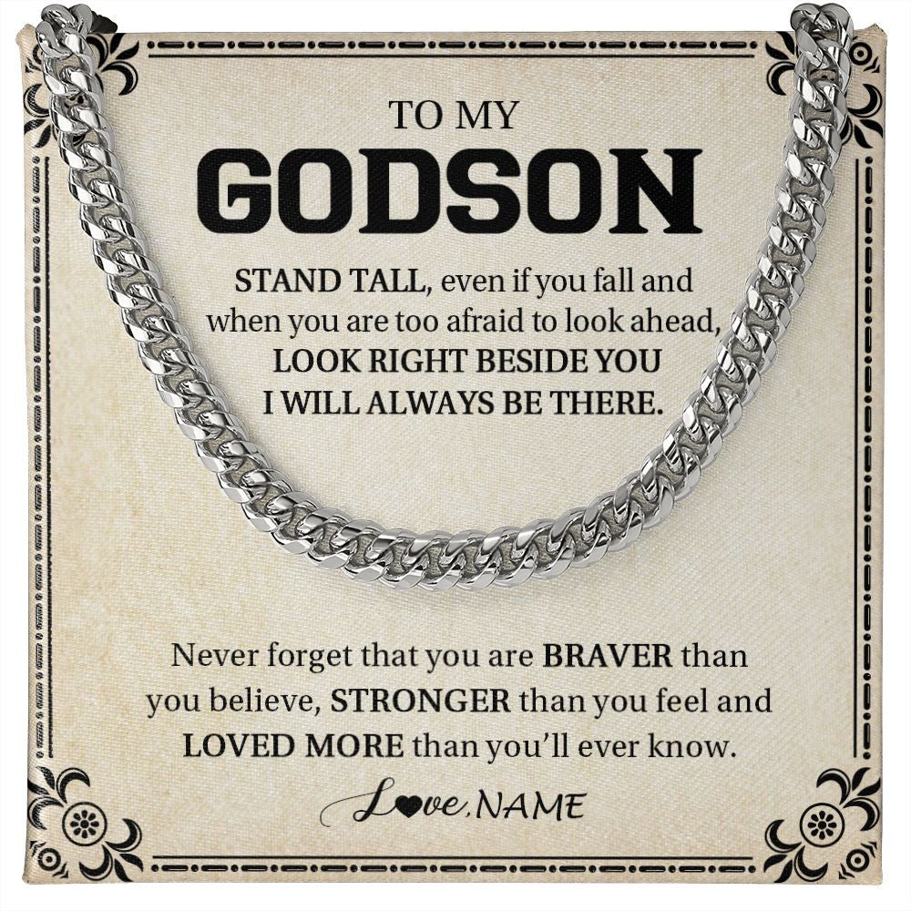Cuban Link Chain Necklace | Personalized To My Godson Necklace From Godmother Uncle Aunt Never Forget That You Are Braver Godson Birthday Christmas Customized Gift Box Message Card | teecentury
