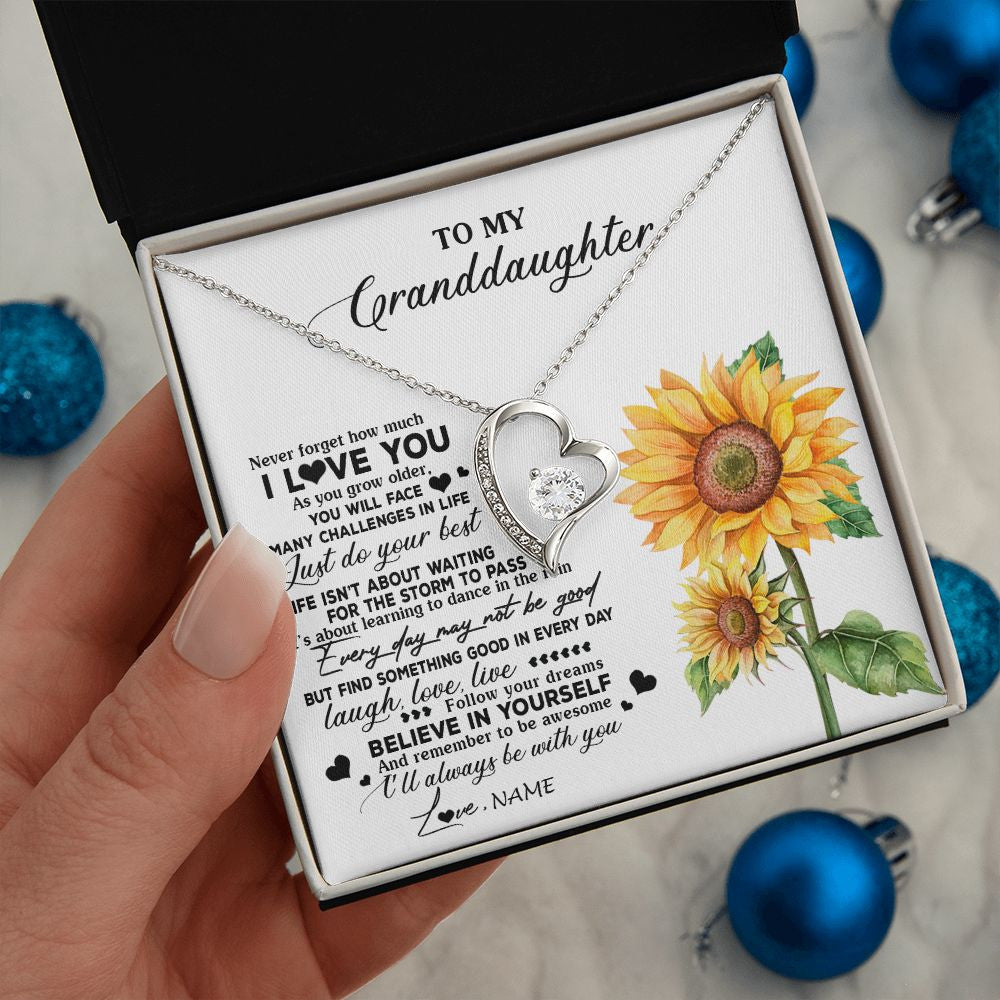 Forever Love Necklace | Personalized To My Granddaughter Necklace From Grandma Nana Sunflower Wood Laugh Love Live Granddaughter Birthday Christmas Customized Gift Box Message Card | teecentury