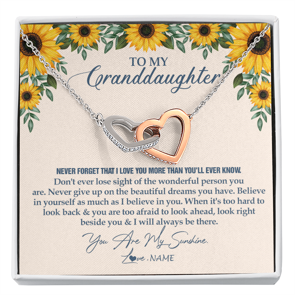 Interlocking Hearts Necklace | Personalized To My Granddaughter Necklace From Grandma Sunflower You Are My Sunshine Granddaughter Jewelry Graduation Birthday Customized Gift Box Message Card | teecentury