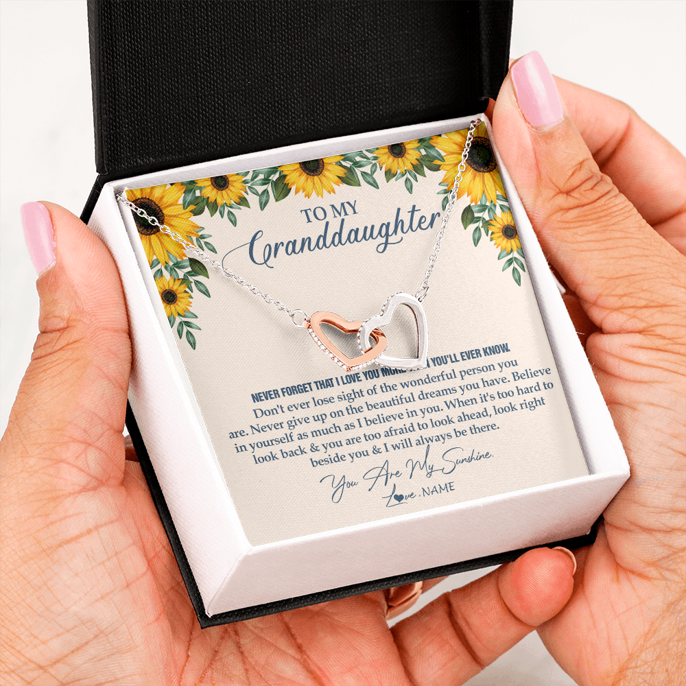 Interlocking Hearts Necklace | Personalized To My Granddaughter Necklace From Grandma Sunflower You Are My Sunshine Granddaughter Jewelry Graduation Birthday Customized Gift Box Message Card | teecentury