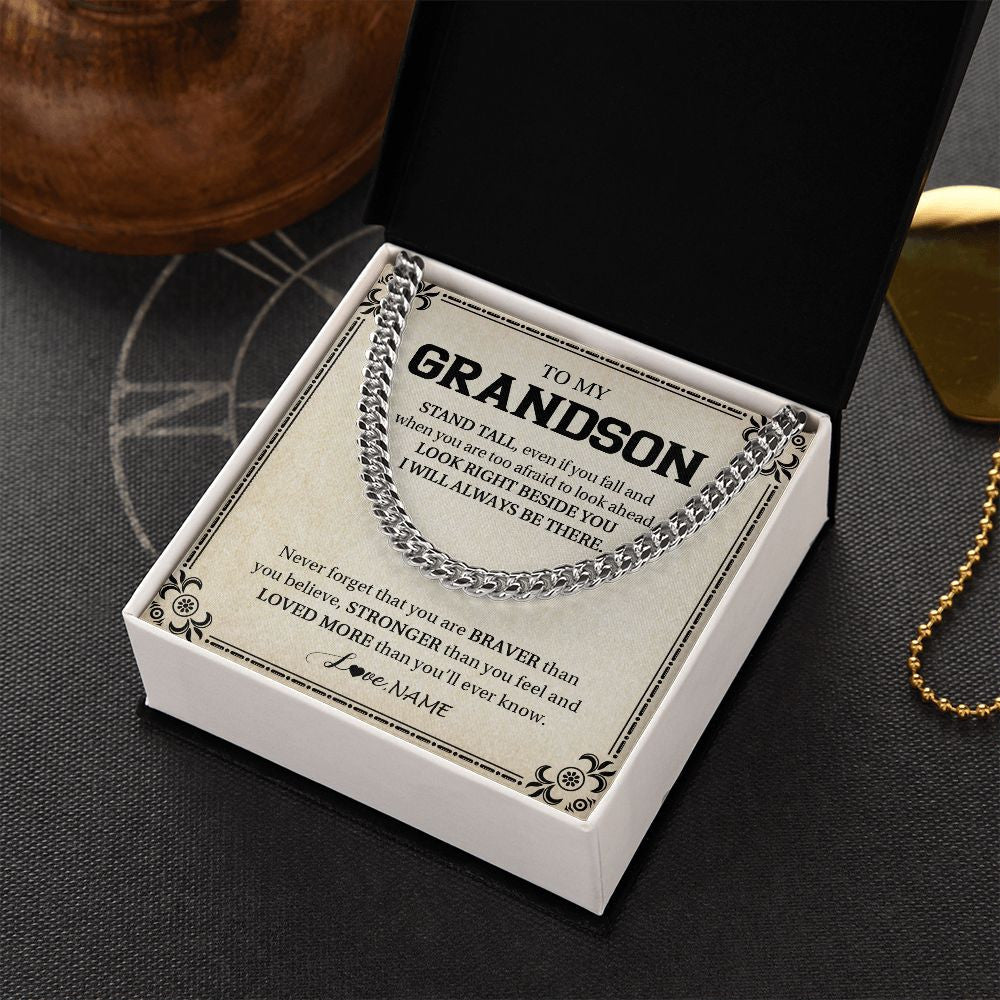 Cuban Link Chain Necklace | Personalized To My Grandson Necklace From Grandma Never Forget That You Are Braver Grandson Birthday Graduation Christmas Customized Gift Box Message Card | teecentury