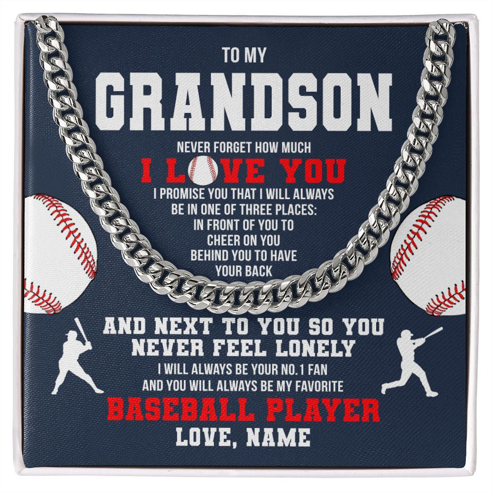 Cuban Link Chain Necklace | Personalized To My Grandson Necklace From Grandma Papa Never Forget I Love You Baseball Grandson Birthday Christmas Customized Gift Box Message Card | teecentury